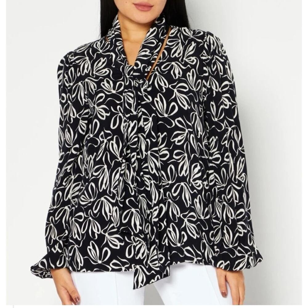 Ted Baker Caarina Tie Neck Bow Long Sleeve Shirt Blouse Black Women's Size 1X